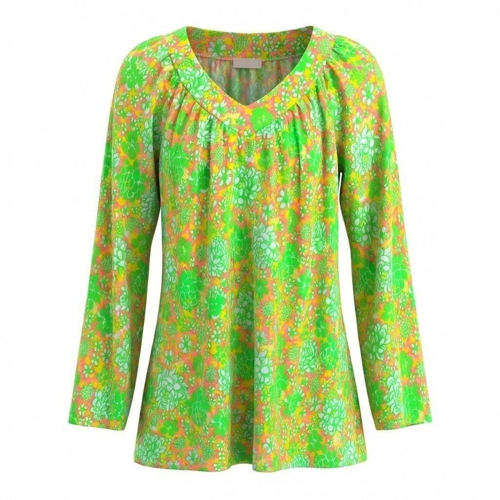 Lilly Pulitzer Vintage Floral V Neck Long Sleeve Tunic Top Green Pink‎ Yellow L
